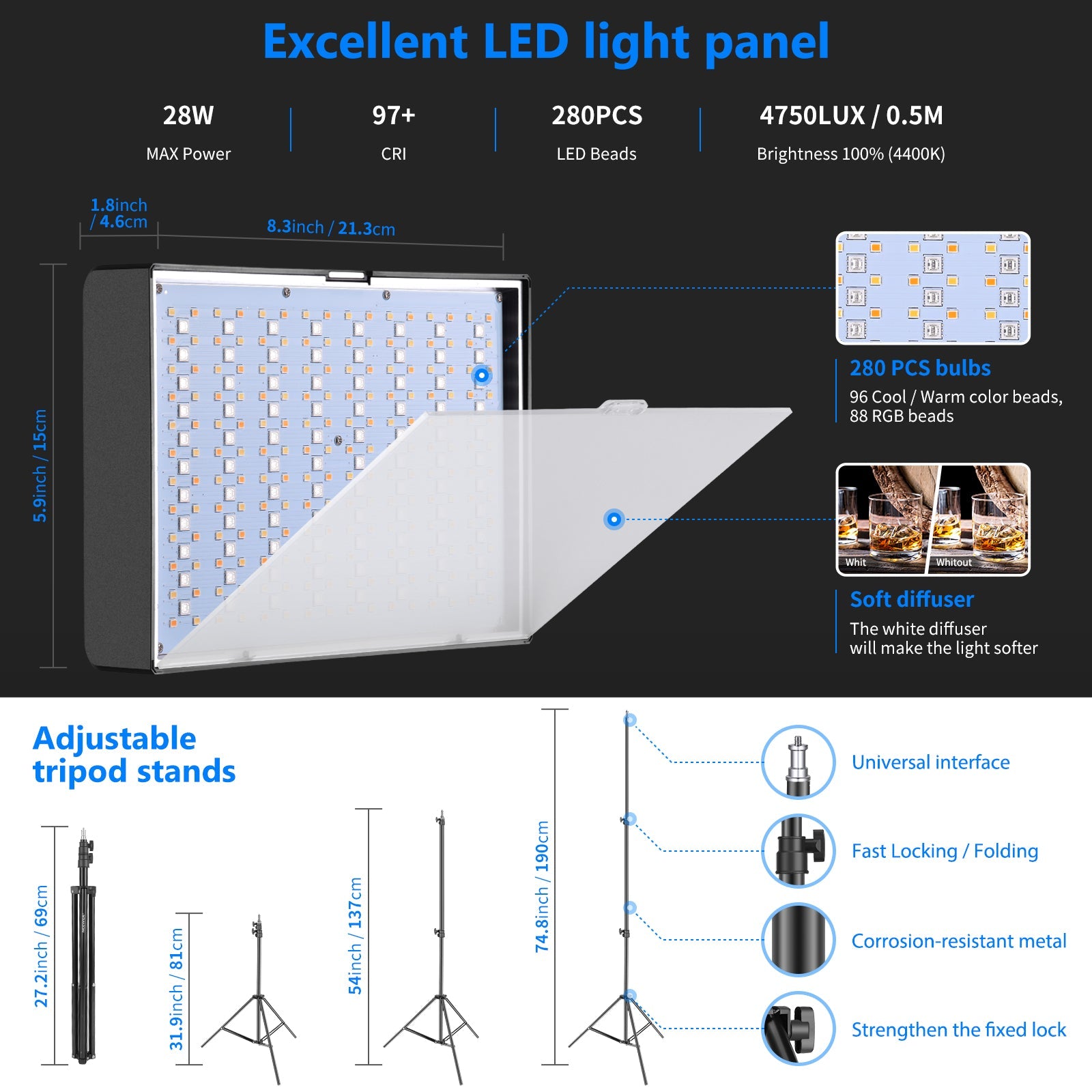 Neewer 2 Packs P280 CRI97+ RGB LED Video Light Battery Kit with APP Control