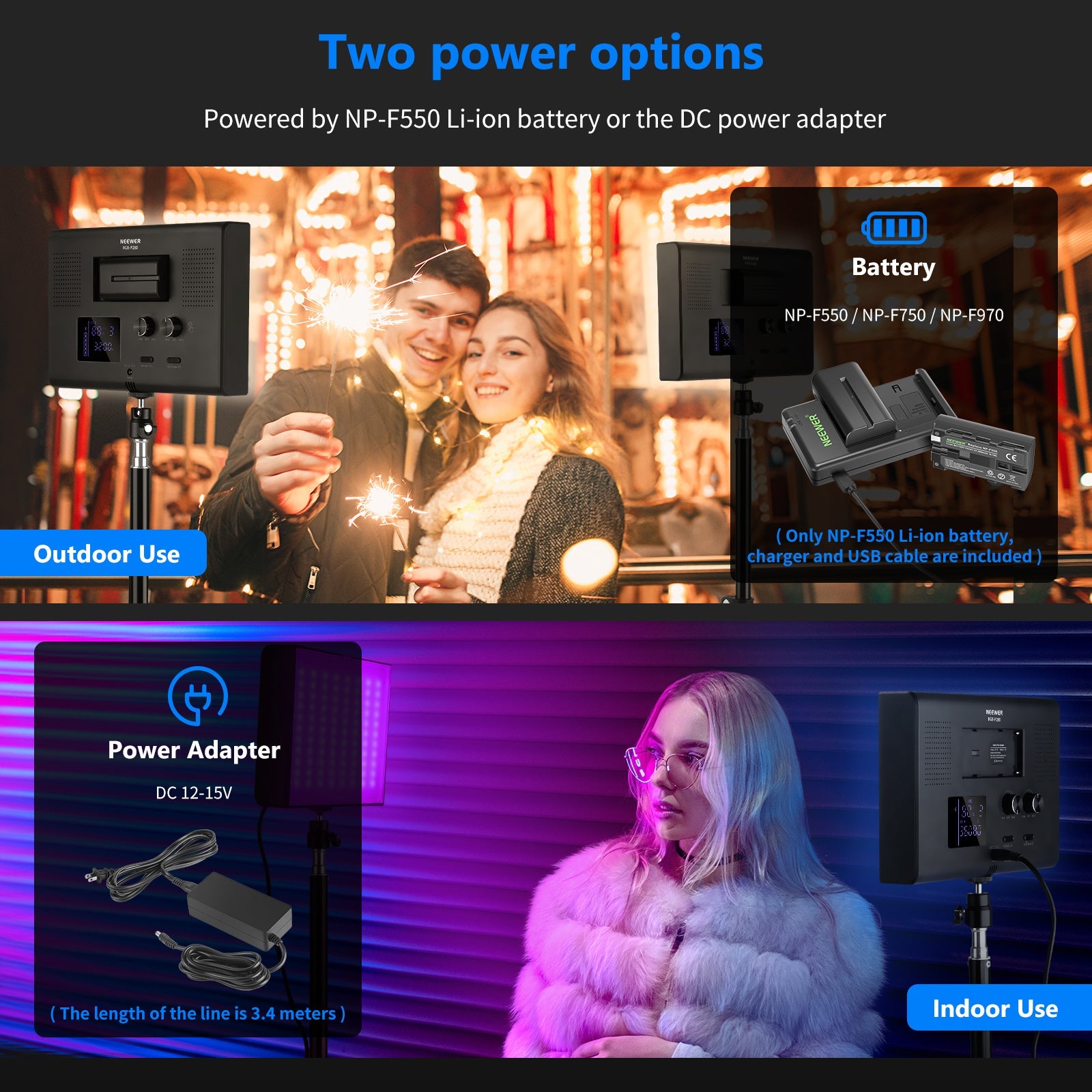 Neewer 2 Packs P280 CRI97+ RGB LED Video Light Battery Kit with APP Control