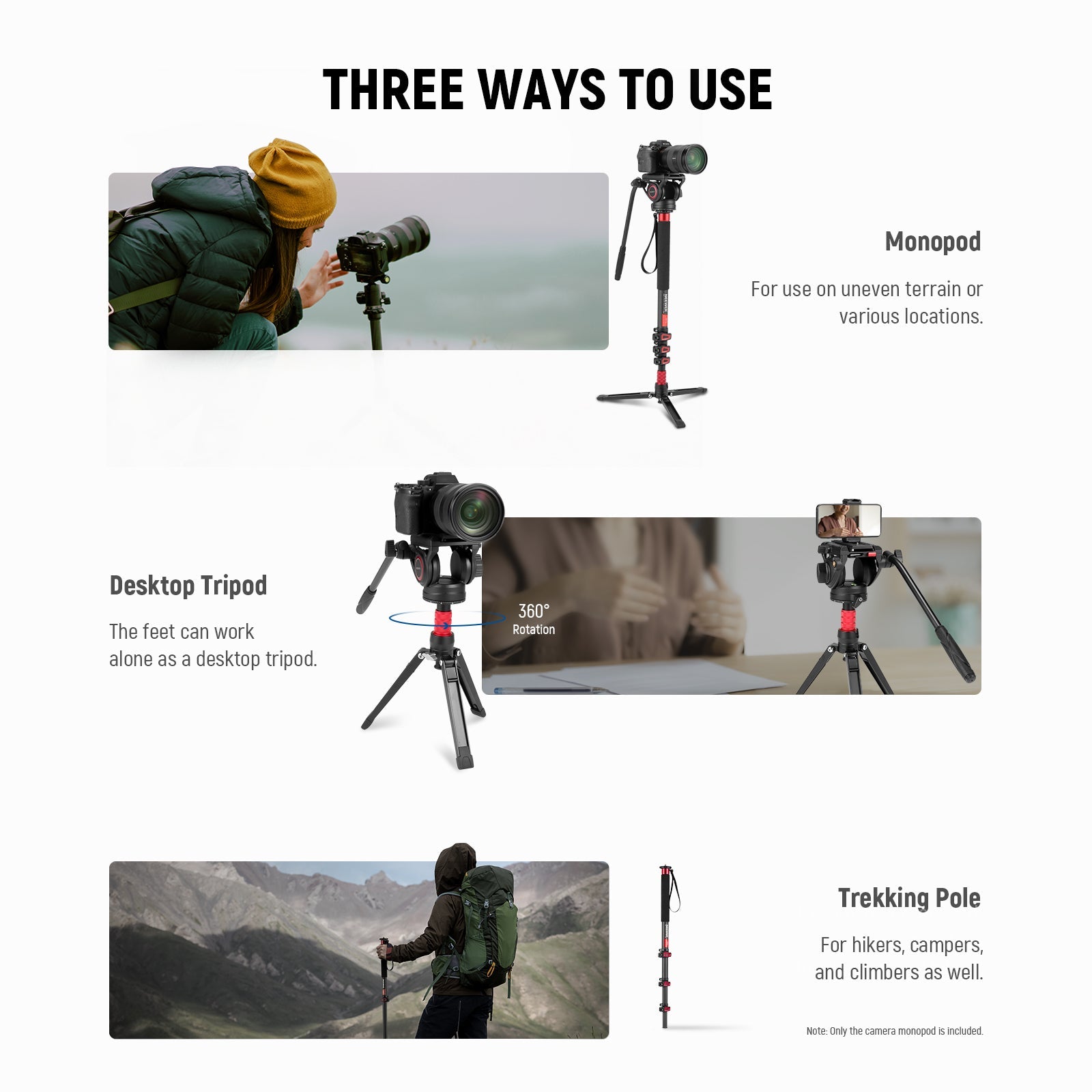 NEEWER TP71 Pro Camera Monopod supports three ways to use.