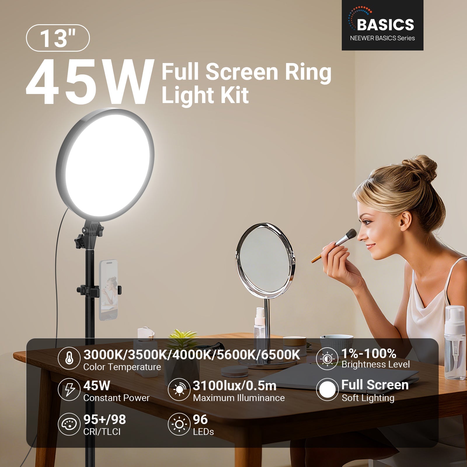 A woman applies makeup at her vanity while the NEEWER BR45B LED ring light with a phone mount provides soft, shadow-free illumination, perfect for filming beauty tutorials.