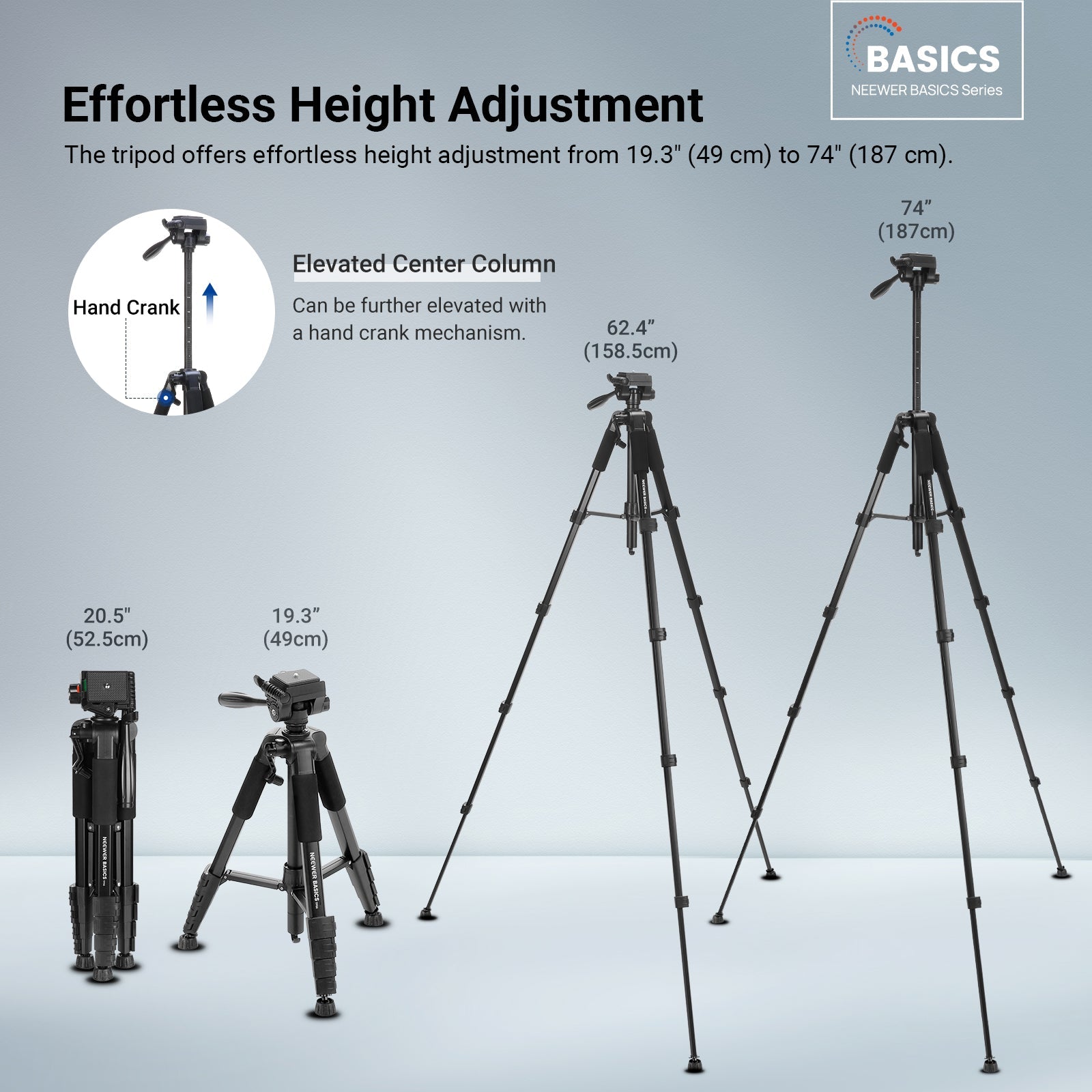 NEEWER TP56 Camera Tripod offers height adjustment from 49cm to 187cm.