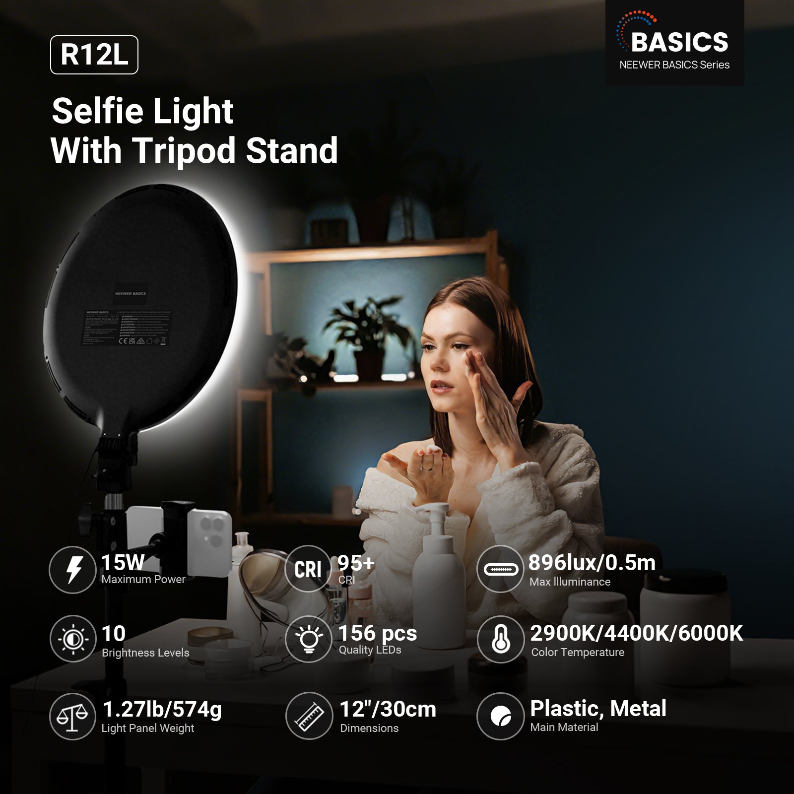 The NEEWER R12L ring light provides soft, even illumination, creating a shadow-free, flattering glow as the woman applies skincare while filming a beauty tutorial video.