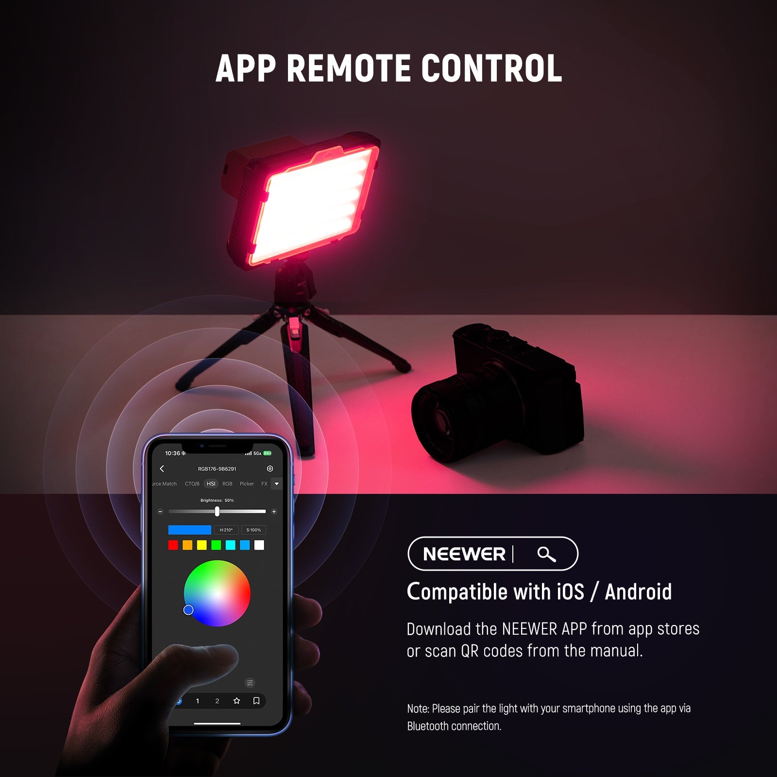 NEEWER RGB176 LED Camera Panel Light can be controlled by the APP.