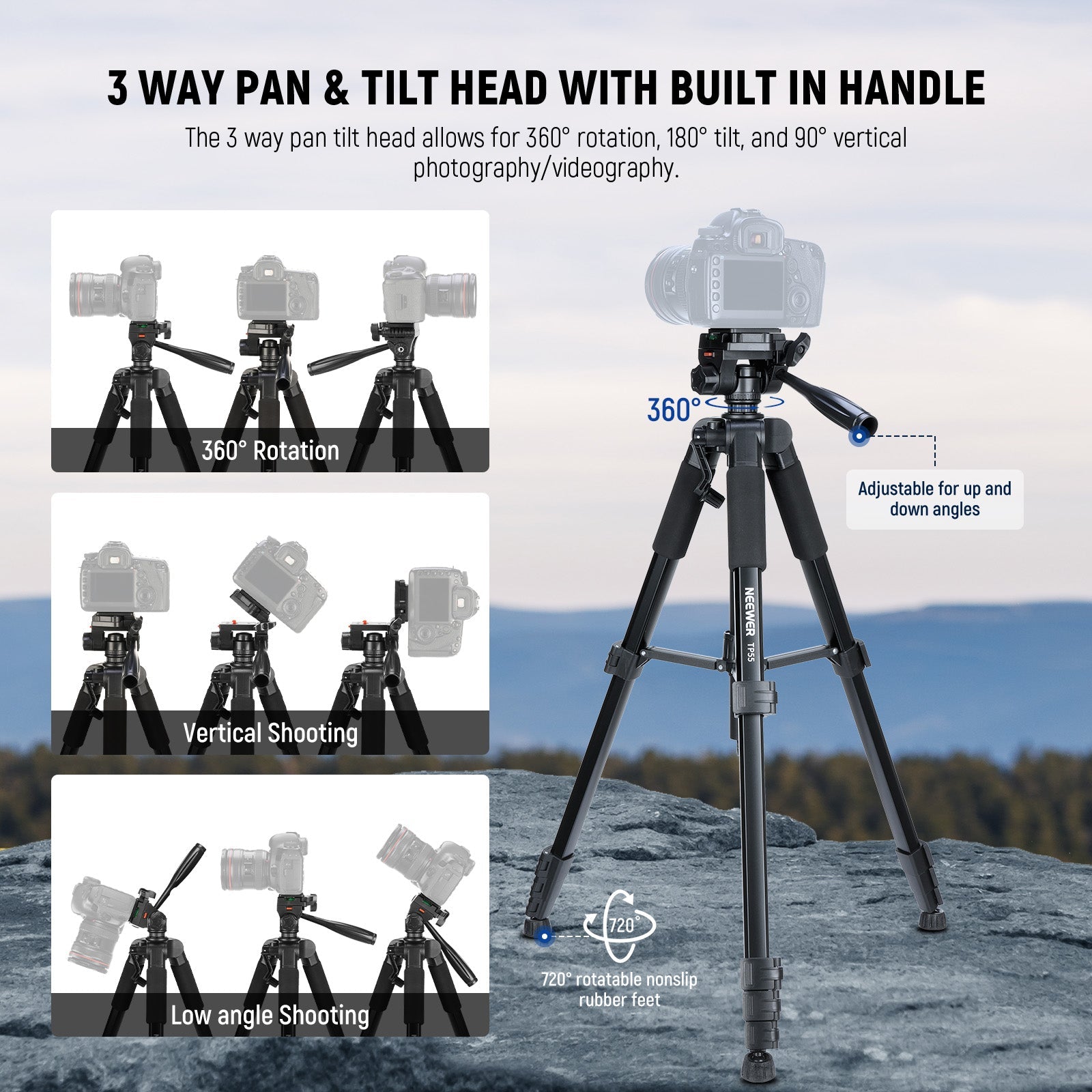 NEEWER TP55 Camera Tripod features a 3 way pan tilt head.