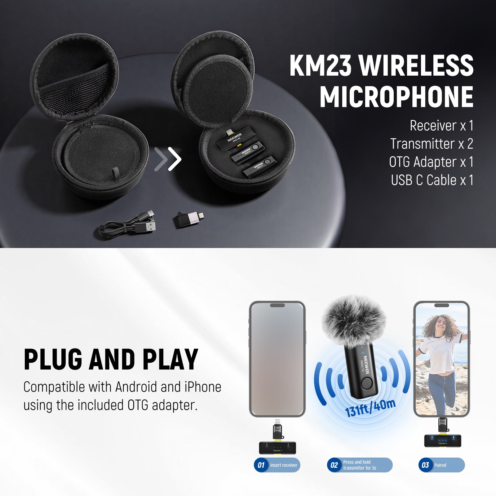 NEEWER PA056 Vlog Kit includes the KM23 wireless mic system.