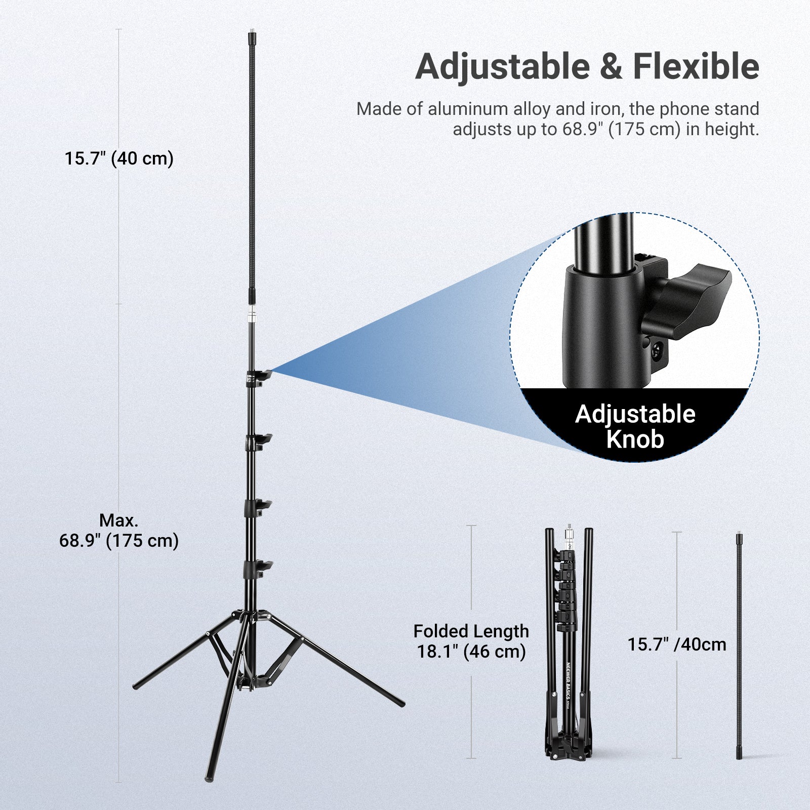 NEEWER BASICS ST014 Phone Tripod Stand adjusts up to 175cm in height.