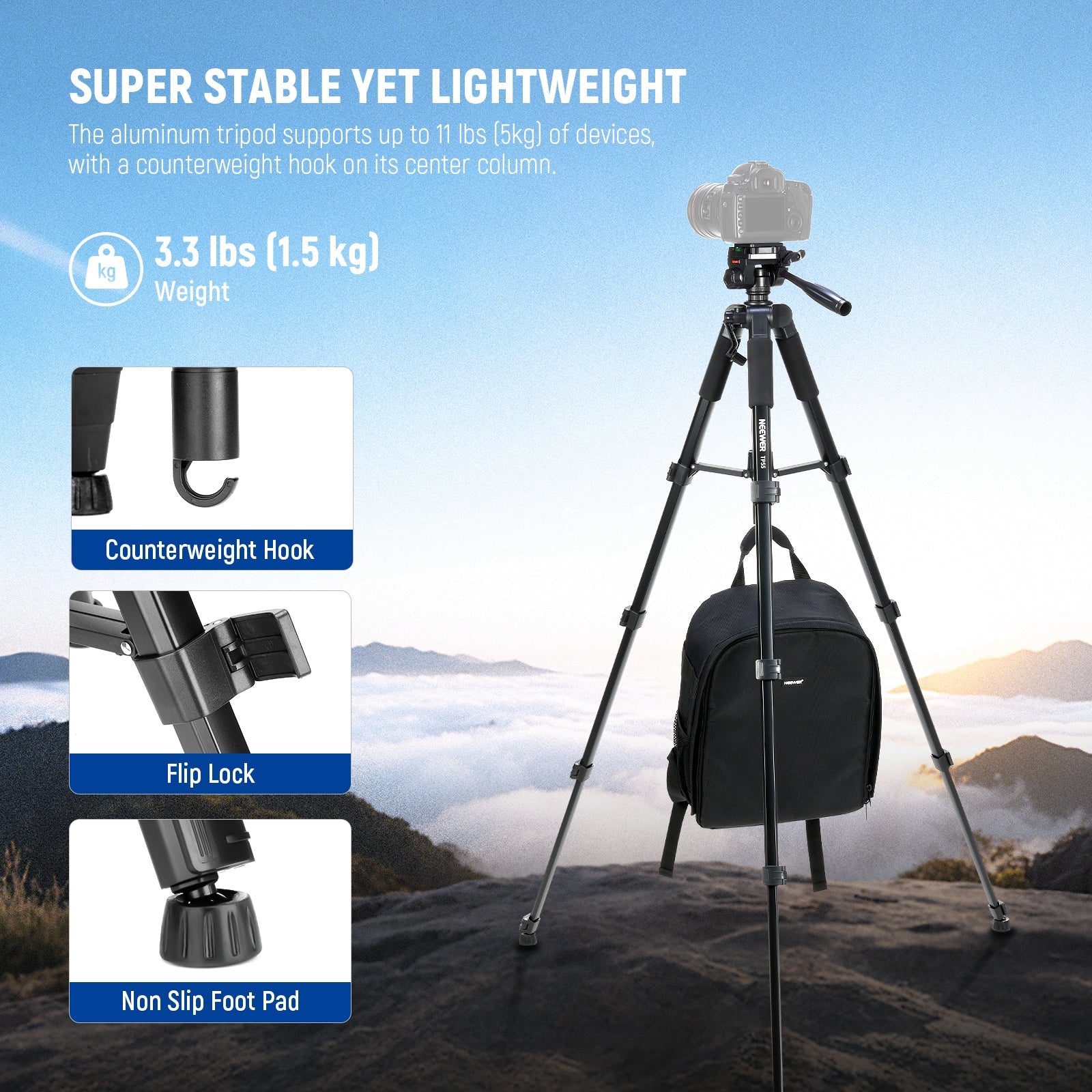 NEEWER TP55 Camera Tripod is super stable yet lightweight.
