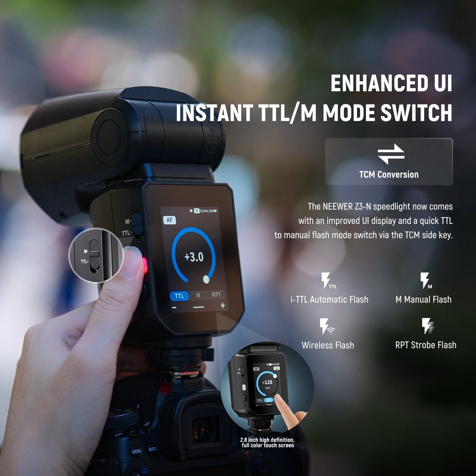 NEEWER Z3-N 100Ws TTL Flash Speedlite comes with an improved UI display.