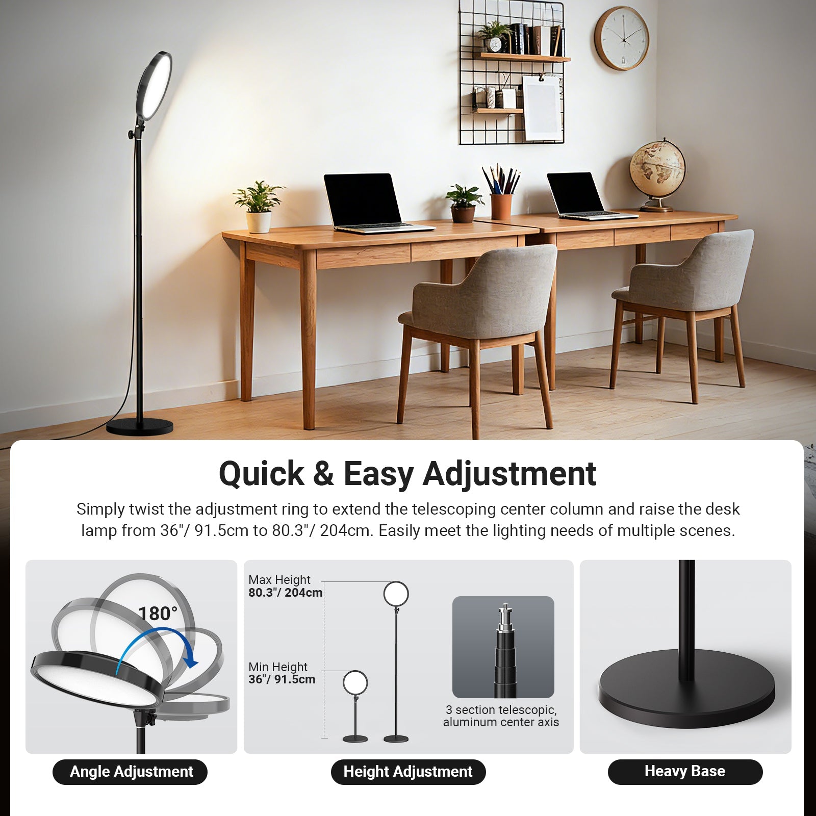 This ring light provides soft, even illumination for a bright home office workspace with two wooden desks, laptops, and minimalist decor.