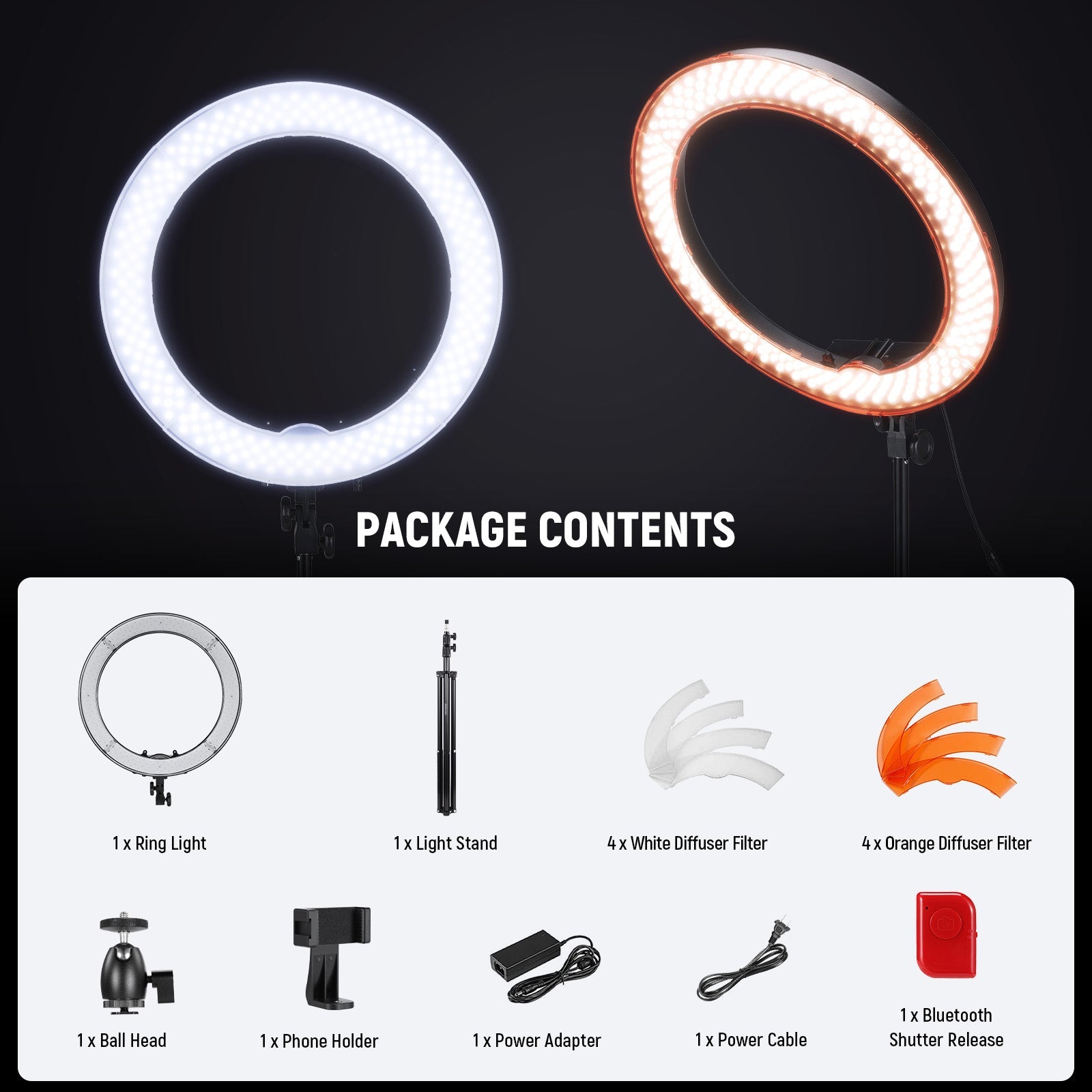 Package Contents of the NEEWER RL-18 18 Inch Large LED Ring Light