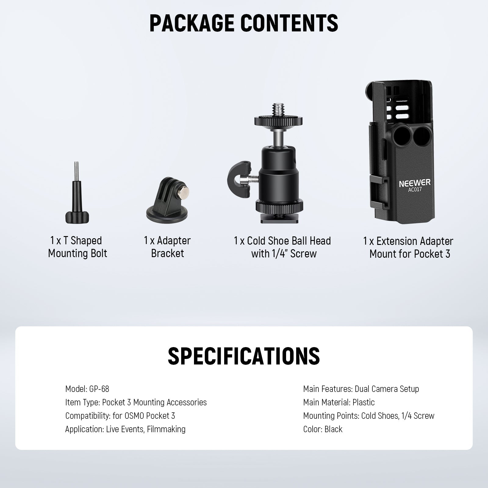 Specifications of the NEEWER GP-68 Extension Adapter Mount Kit