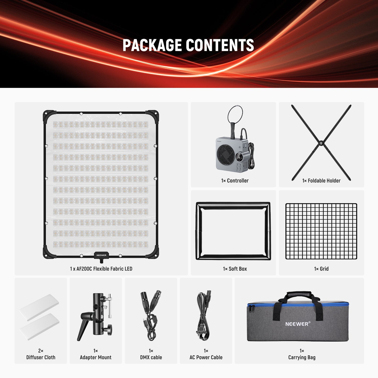 Package Contents of the NEEWER AF200C Flexible Fabric LED RGB Video Light