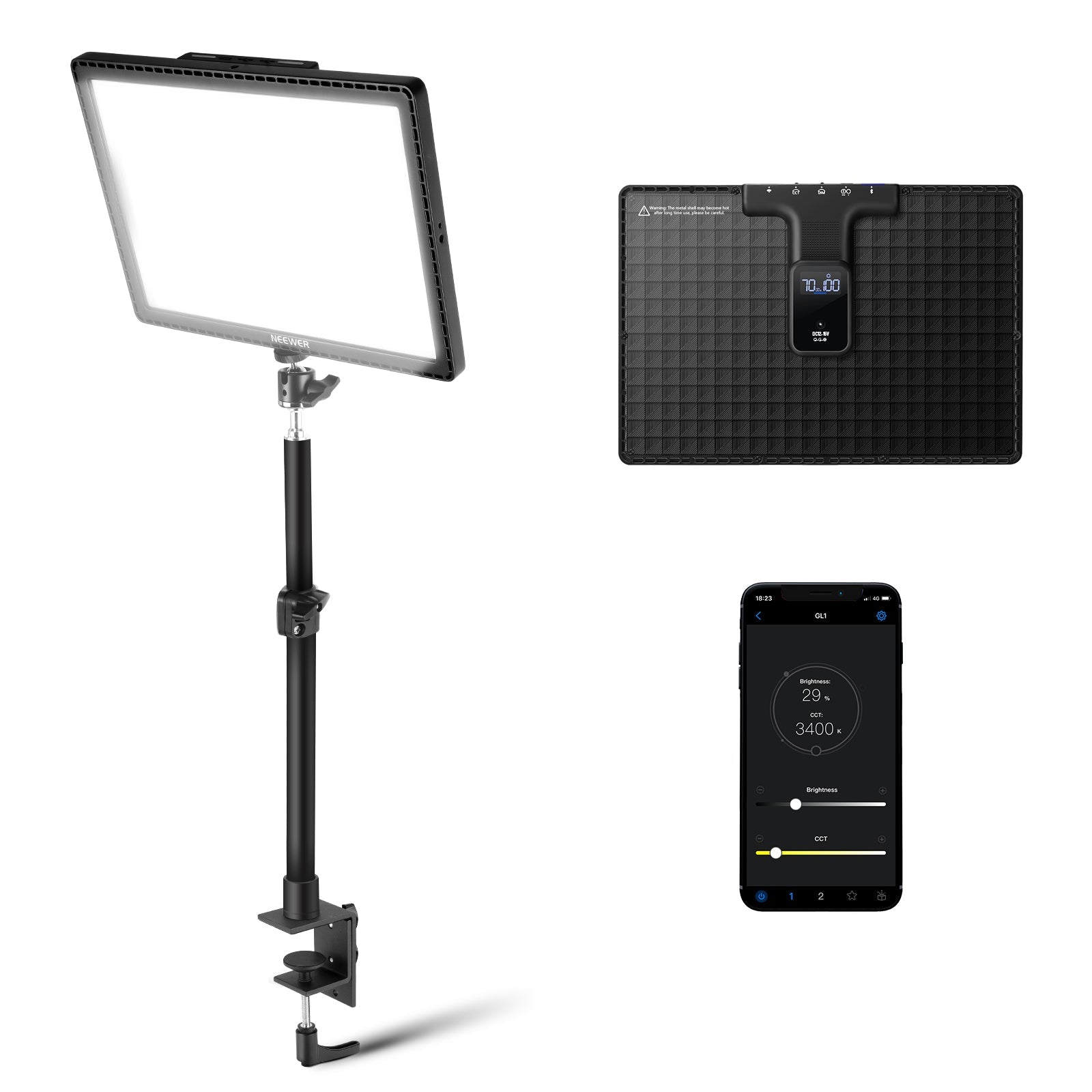 NEEWER GL1 15.5" 2800 lumens Key Light Streaming light with PC/ Mac Control & iOS Android APP & Desk Clamp
