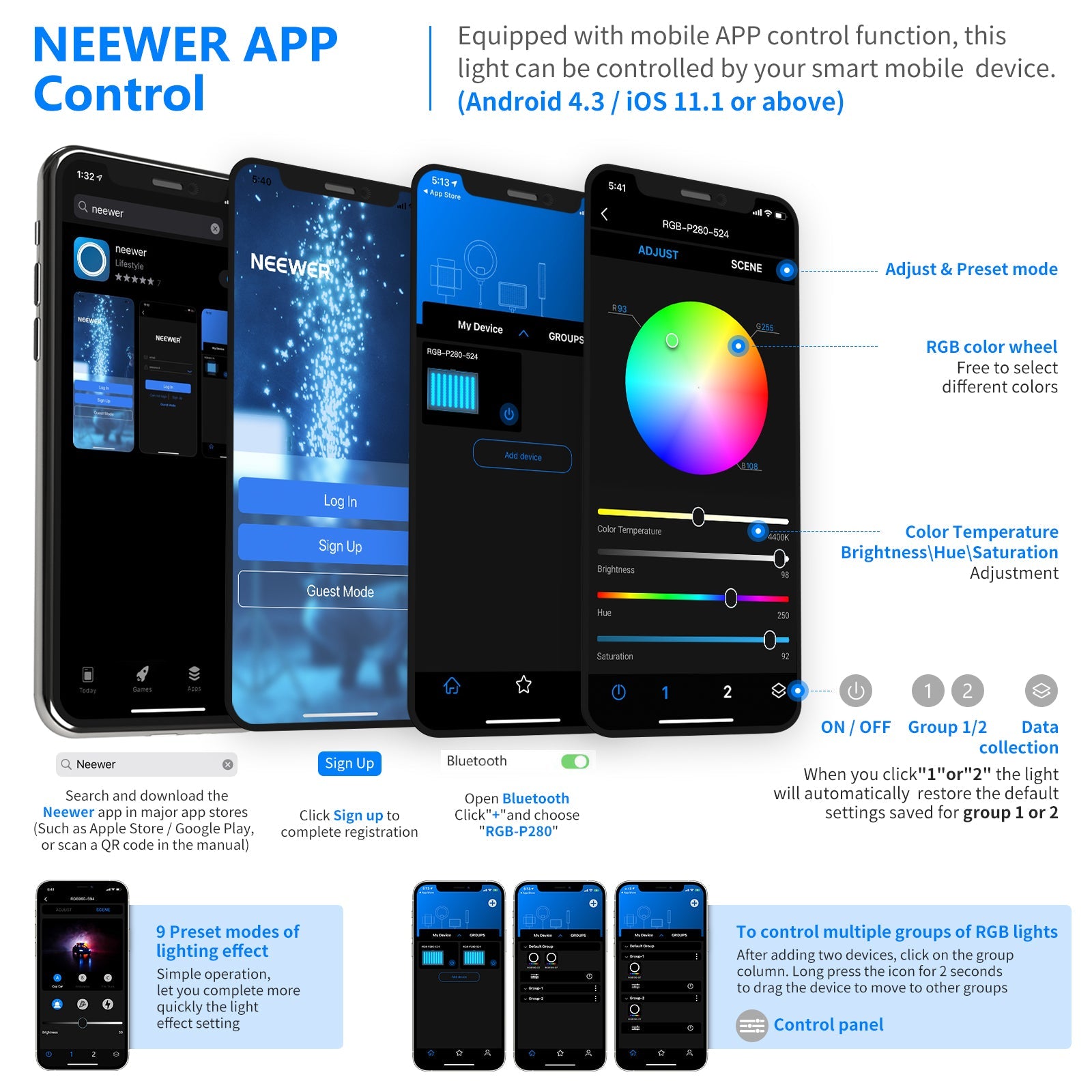 Neewer 2 Packs P280 CRI97+ RGB LED Video Light Battery Kit with APP Control