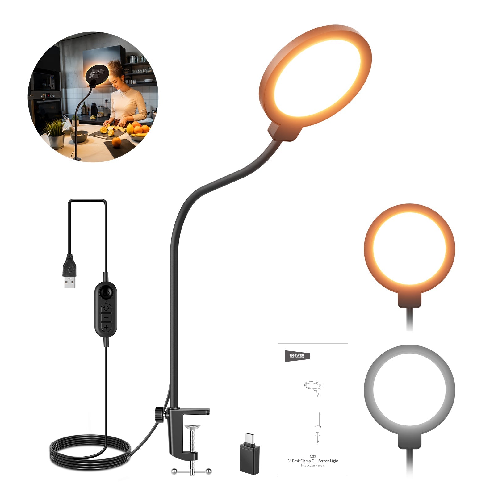 NEEWER N32 Full Screen Ring Light with Desk Clamp Stand