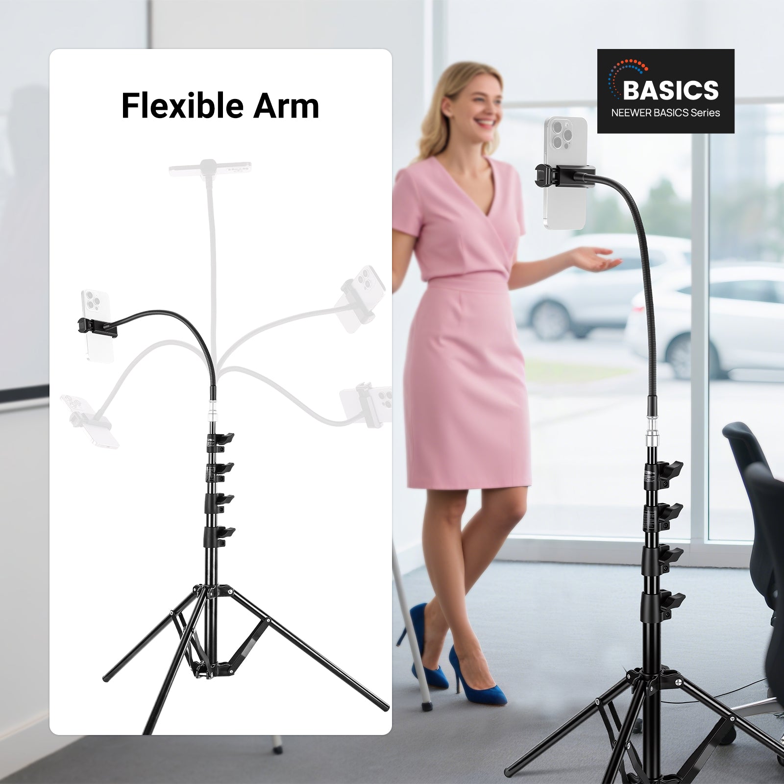 A woman in a skirt stands in front of the NEEWER BASICS ST014 Phone Tripod Stand