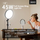 A woman applies makeup at her vanity while the NEEWER BR45B LED ring light with a phone mount provides soft, shadow-free illumination, perfect for filming beauty tutorials.