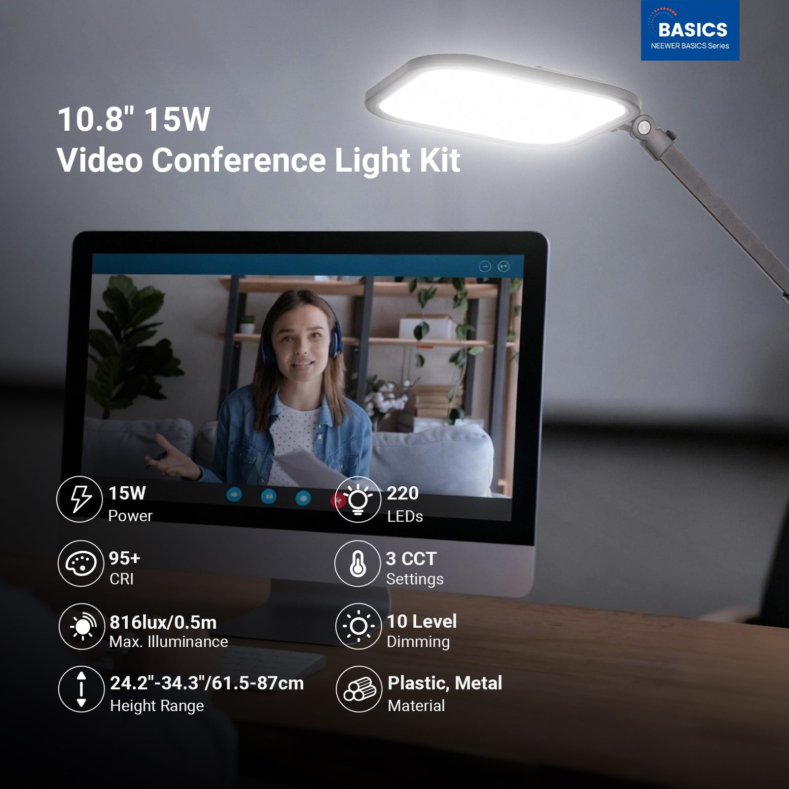 The NEEWER L220 Bi Color Panel Light illuminates a workspace, with a computer monitor displaying a virtual meeting call in the foreground.