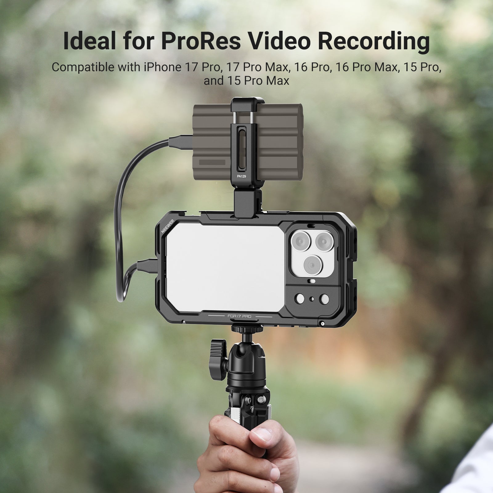 A hand holds a tripod-mounted smartphone in a rugged NEEWER camera cage, with the NEEWER PA129 Quick Release SSD Holder securely attached to the top.