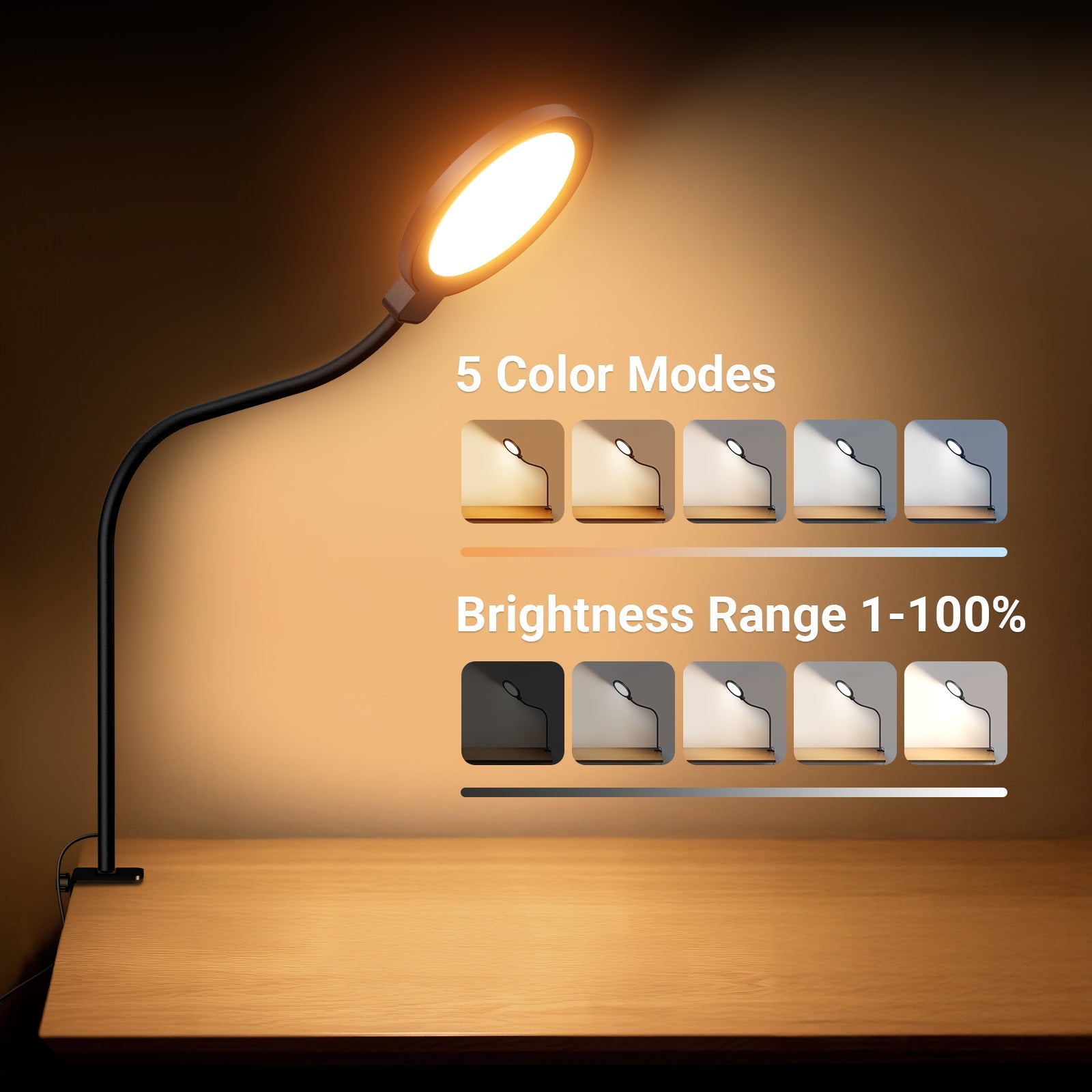 NEEWER N32 Full Screen Ring Light is clamped to the edge of the wooden table.