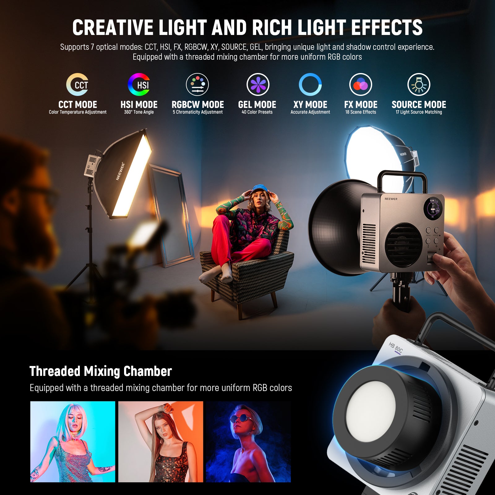 NEEWER HB 80C 80W 高輝度定常光 LEDライト NEEWER HB80C 80W RGBWW Mini COB LED Video Light