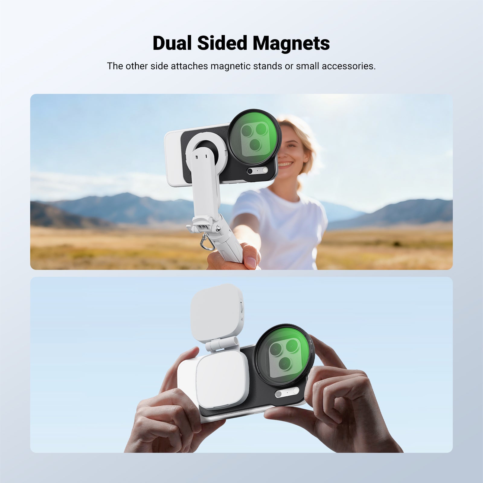 Magnets on the other side can attach magnetic phone camera photography accessories.
