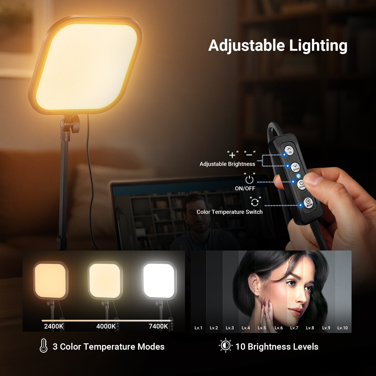 A hand operates the NEEWER L220 Bi Color Panel Light, adjusting its brightness and color temperature settings during a video call.