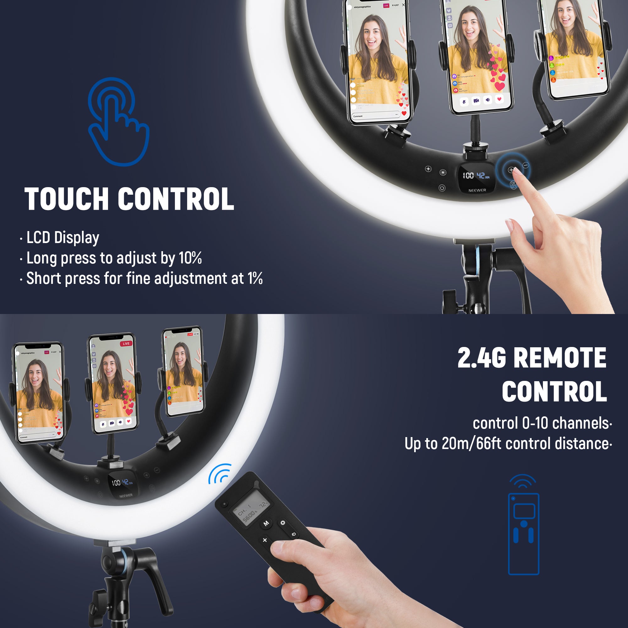 NEEWER RP19H 19 Inches LED Ring Light With 3 Phone Holders - NEEWER