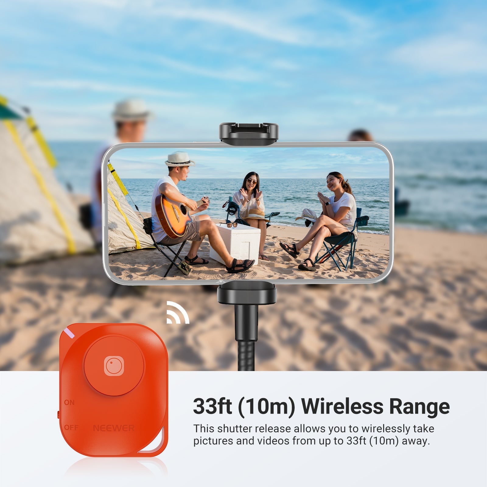 Three people are sitting by the sea, using the NEEWER BASICS ST014 Phone Tripod Stand to help record a singing video.