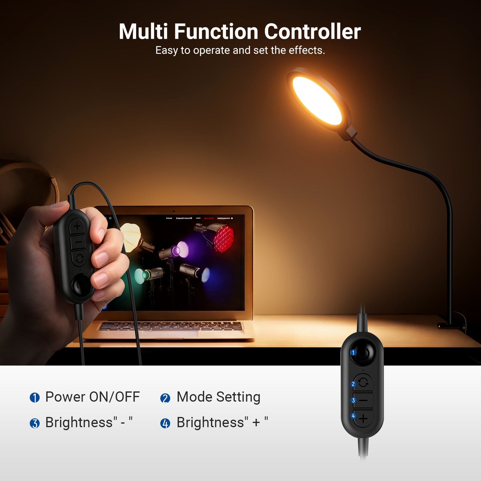 A hand holds an in-line control switch to adjust the NEEWER N32 Full Screen Ring Light that illuminates a laptop on a home desk.