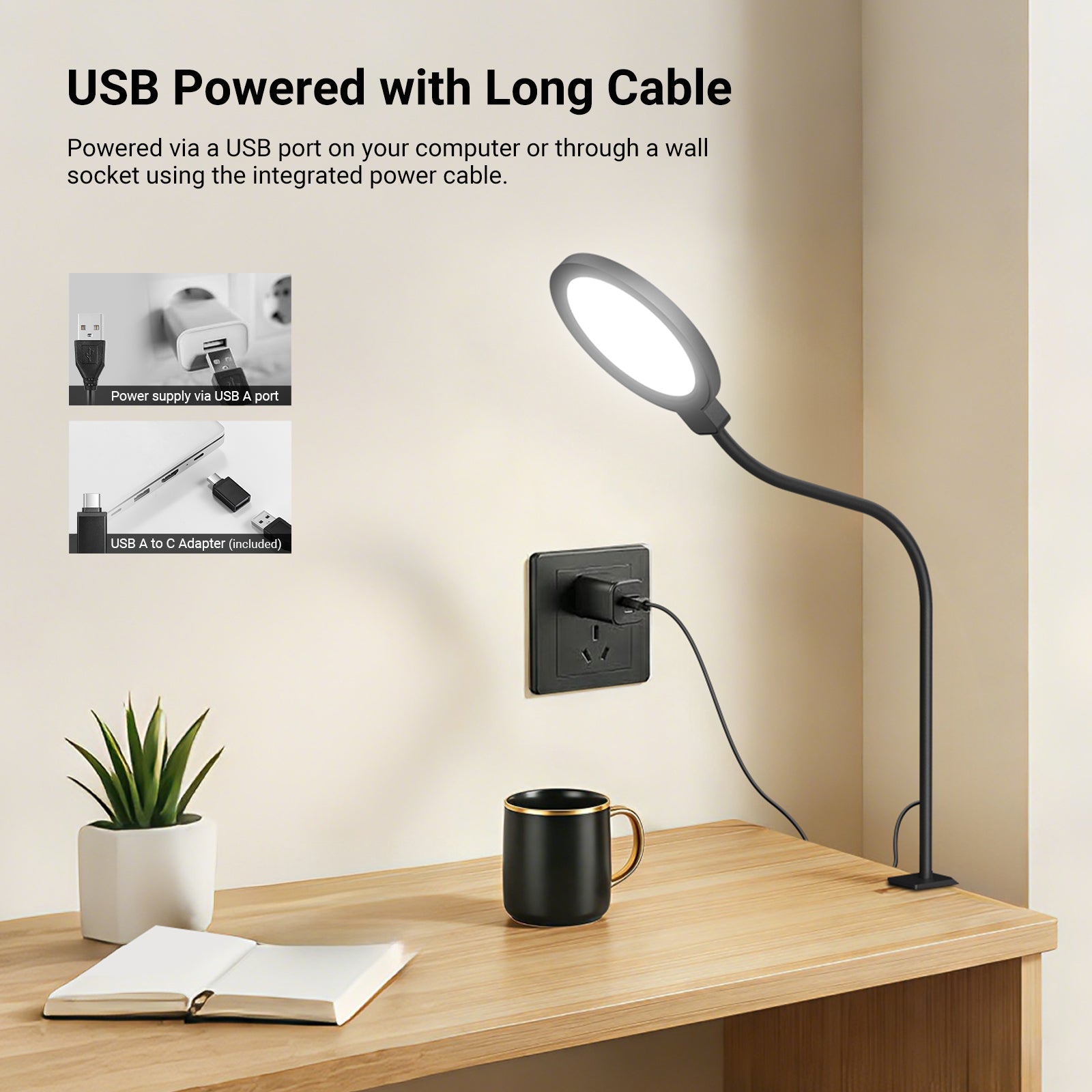 The NEEWER N32 Full Screen Ring Light sits on a wooden home desk.