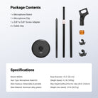 This package includes a microphone stand, a mic clip, a 3/8" to 5/8" screw adapter, and two cable clips.