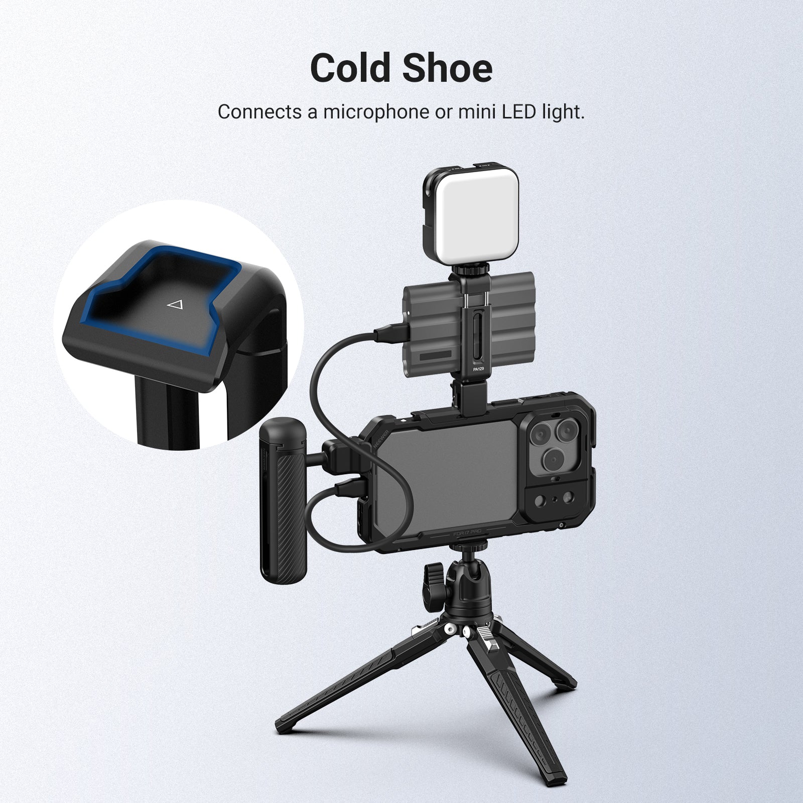 A smartphone in a camera cage is mounted on a mini tripod, equipped with the NEEWER PA129 Quick Release SSD Holder, a fill light, and a side handle.