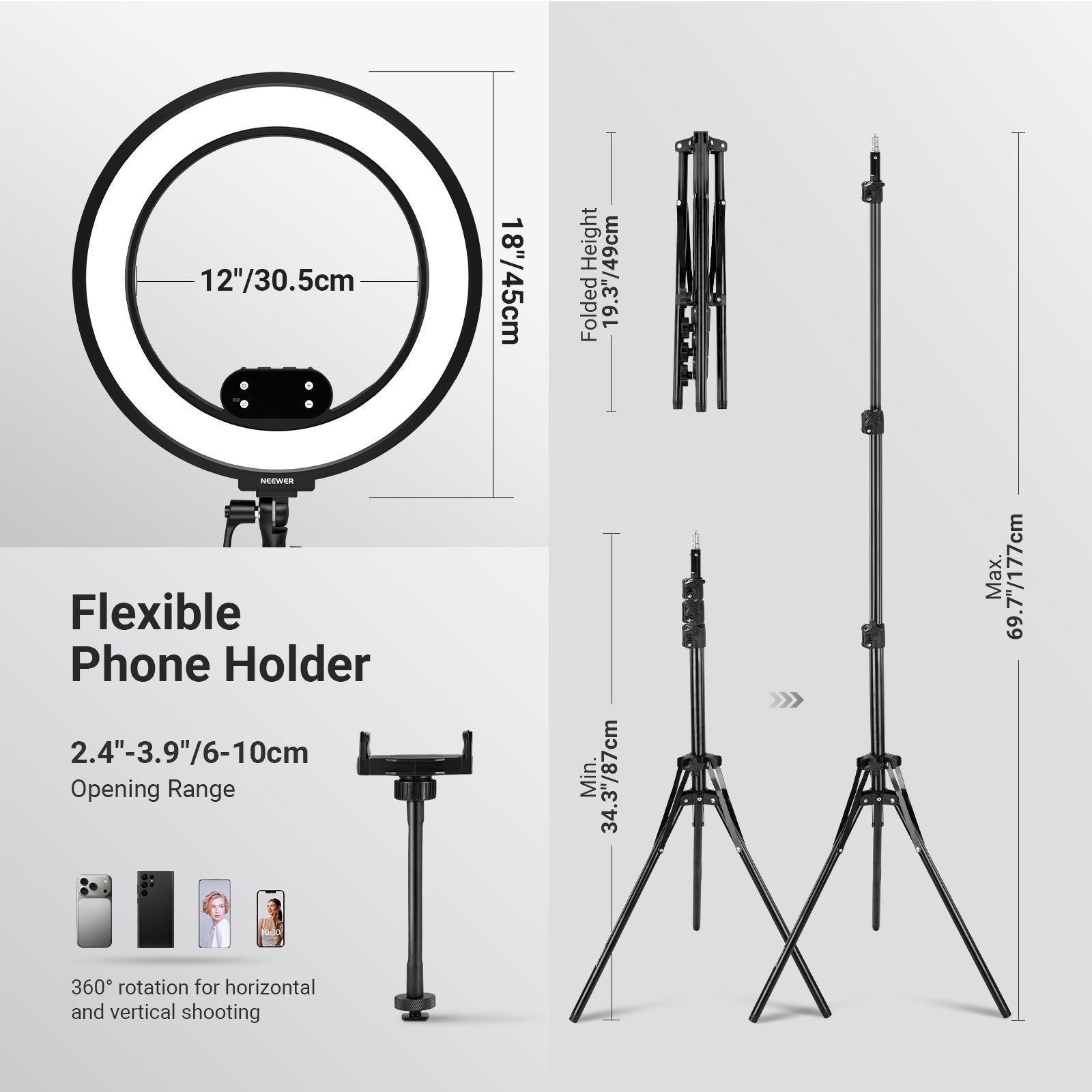 Accessories include a 19.3"-69.7" stand with reversible legs