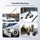 Multi-scene use of suction cup camera mount on car hood, roof, door with safety lanyard, and close-up of suction cups with action camera.