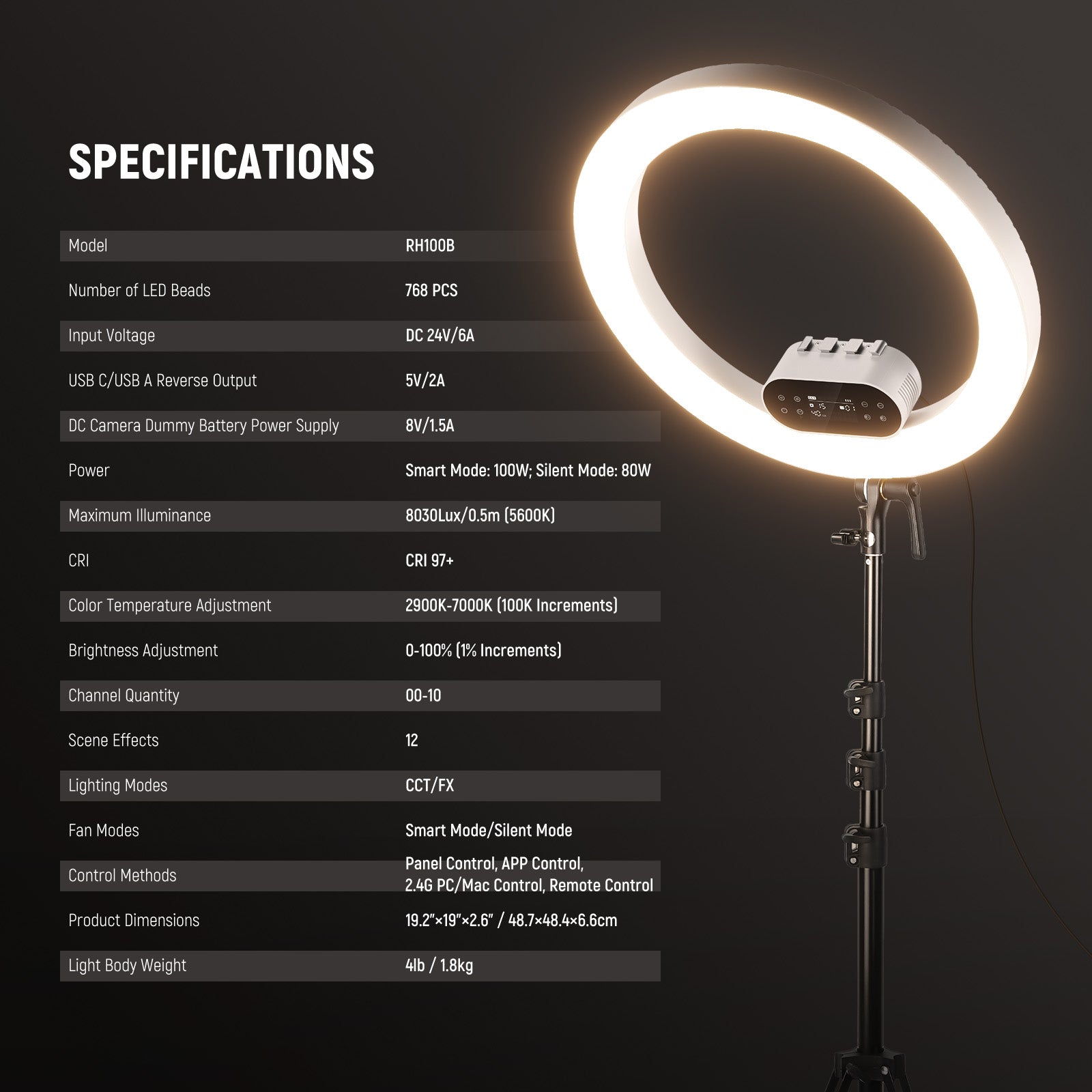 Specifications of the NEEWER RH100B 100W High Power LED Ring Light