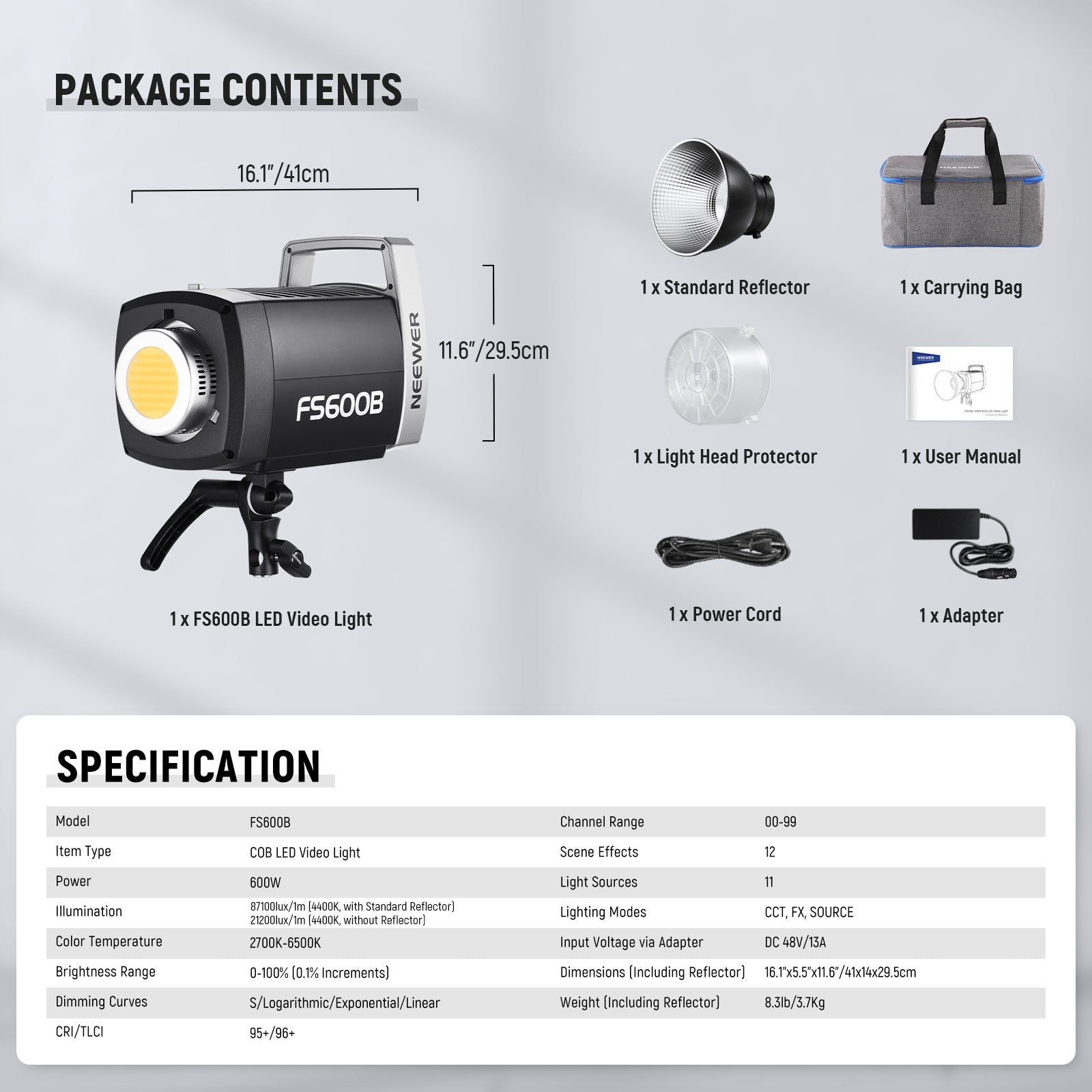 Package Contents of the NEEWER FS600B Bi-Color LED Video Light Kit