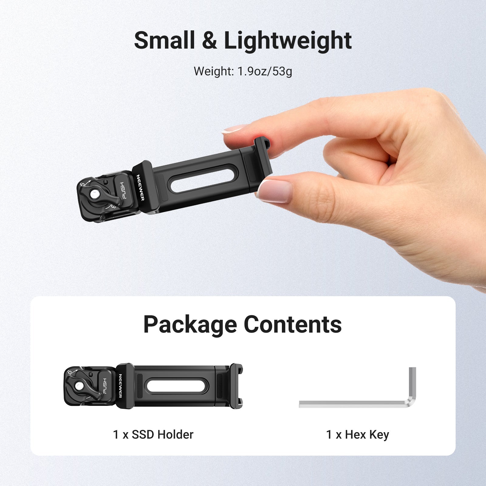 A hand holds the compact NEEWER PA129 Quick Release SSD Holder.
