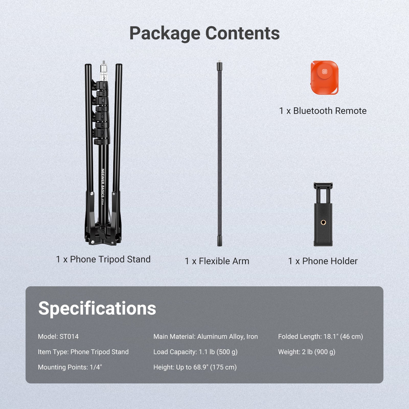This package includes a phone tripod stand, a flexible arm, a bluetooth remote, and a phone holde.