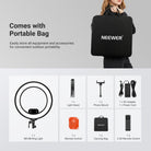 This kit includes a portable bag, which easily stores the cordless ring light and other accessories for convenient outdoor portability.