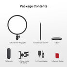This package includes a full-screen ring light, a telescopic column, a base, a remote, a phone holder with a clamp, a power adapter, and a remote shutter.