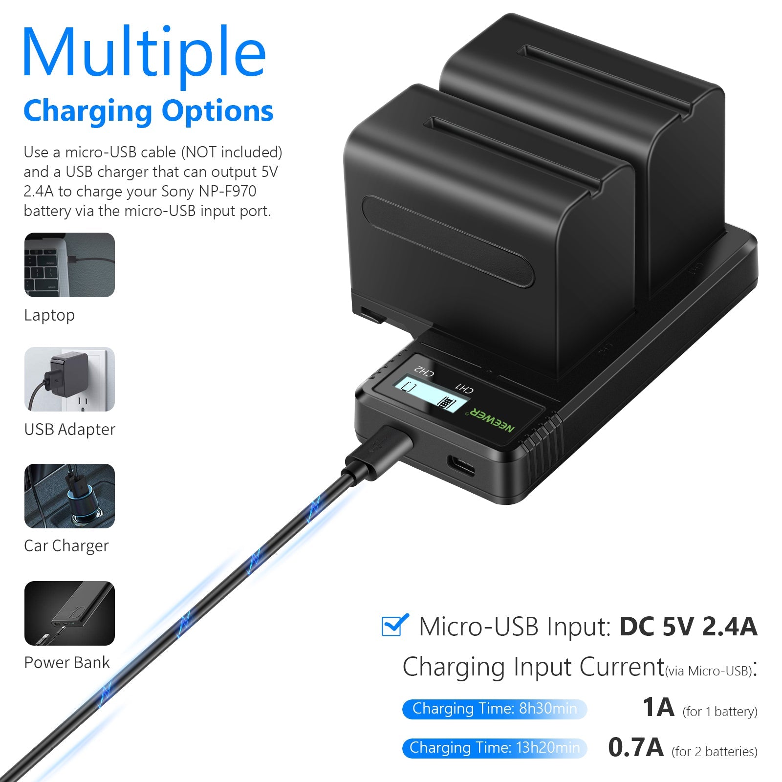 NEEWER 2-Pack Sony NP-F970 Replacement Battery Charger Set