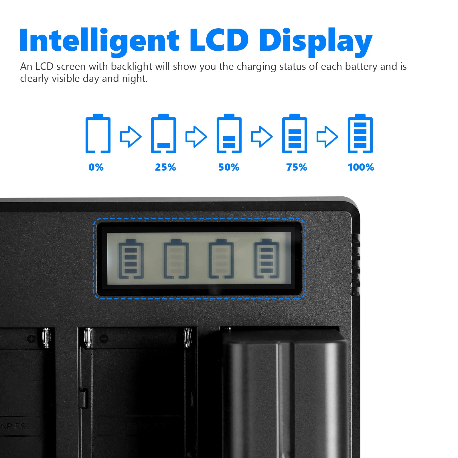 Products Neewer DP-F970 4-Channel NP-F Battery Charger with LCD Display