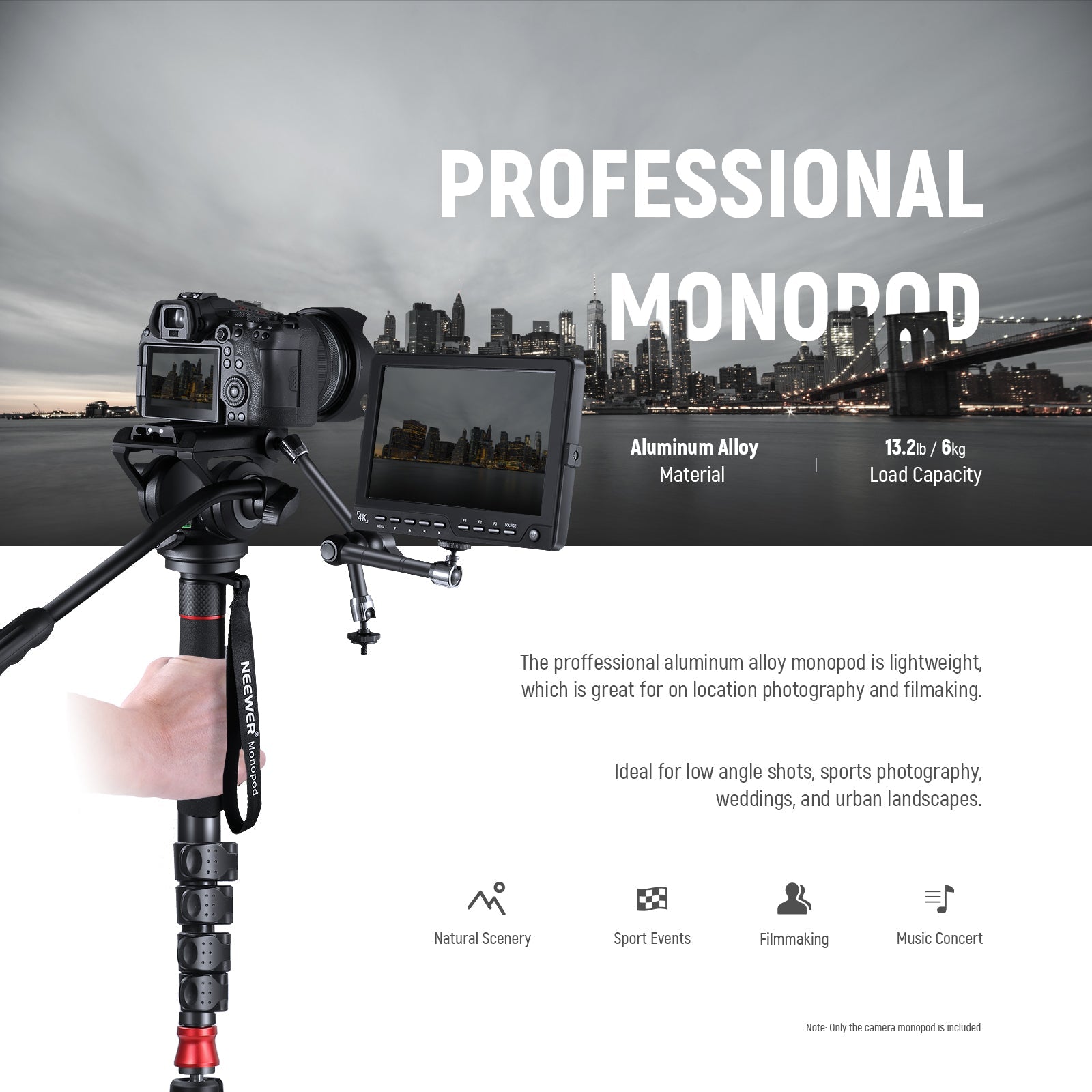 NEEWER 179cm Professional Camera Monopod With Fluid Head - NEEWER 