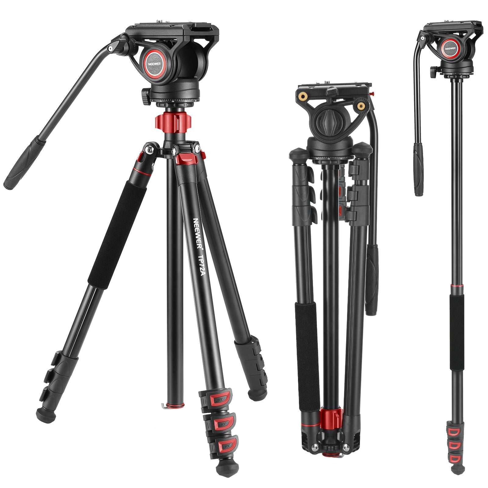 NEEWER 74 Pro Video Tripod with Fluid Head, Heavy Duty Aluminum Tripod  with 360° Pan&-70°/+90° Tilt Head Quick Release Plate and Mid-Level  Spreader